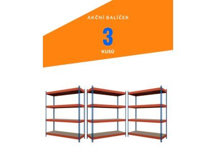 Akční balíček - 3ks Kovový průmyslový regál 180x180x60cm, lakovaný - modro/oranžový, 4-policový, nosnost 1200kg