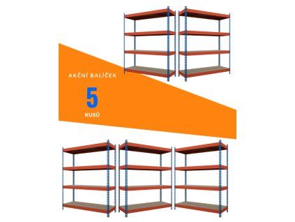 Akční balíček - 5ks Kovový průmyslový regál 180x180x60cm, lakovaný - modro/oranžový, 4-policový, nosnost 1200kg