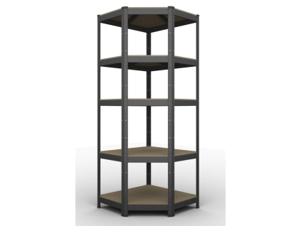 Kovový rohový regál 180x70x40x43cm, lakovaný - černý, 5-policový, nosnost 750kg
