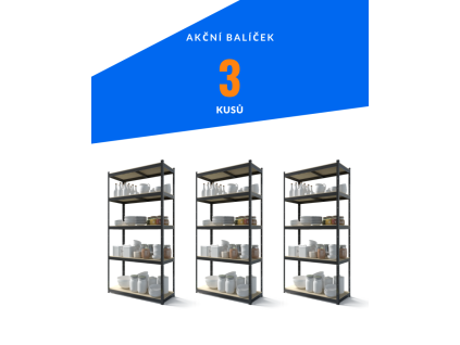 Akční balíček - 3x Kovový regál 180x90x40cm, lakovaný - černý, 5-policový, nosnost 875kg