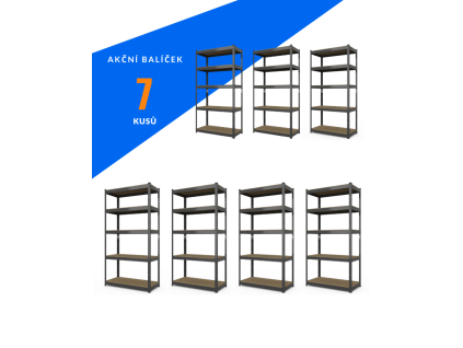 Akční balíček - 7x Kovový regál 180x90x40cm, lakovaný - černý, 5-policový, nosnost 875kg
